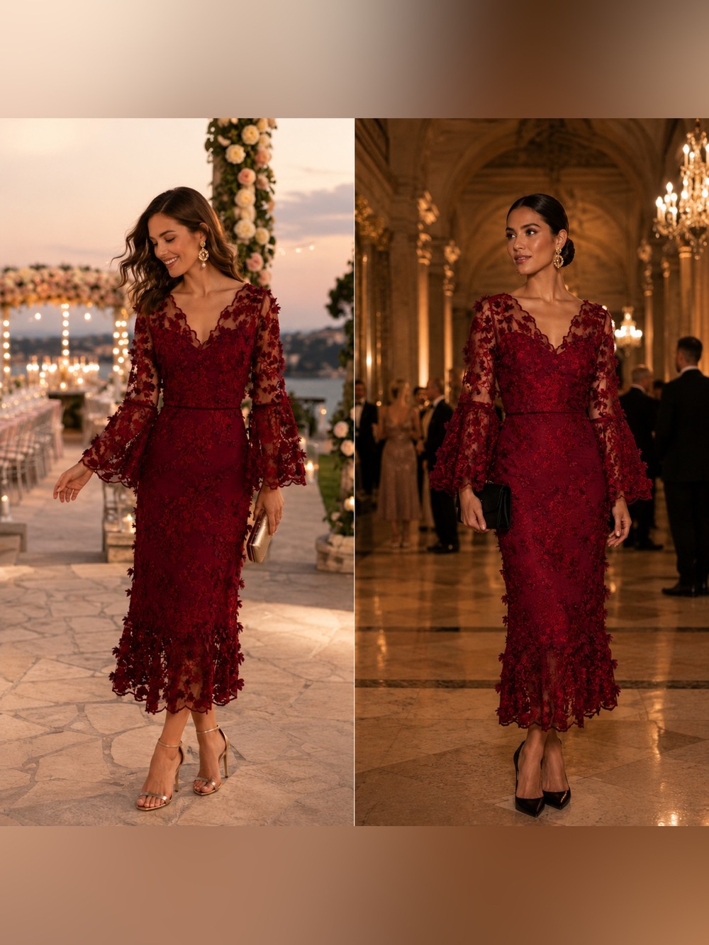 Marchesa Notte Red Lace Midi Dress 3d Floral Appliqué Mesh Wedding Guest Size 10 - Picture 3 of 17